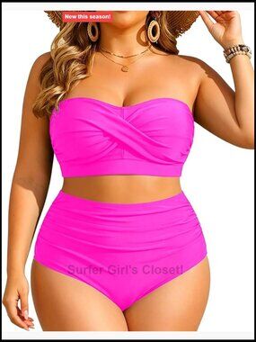 Plus Size Two Piece Bandeau Bikini High Waisted Tummy Control Swimwear